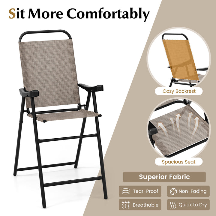 4 PCS Patio Bar Chair Folding Bar Height Metal Frame w/ Footrest Garden Brown Image 6