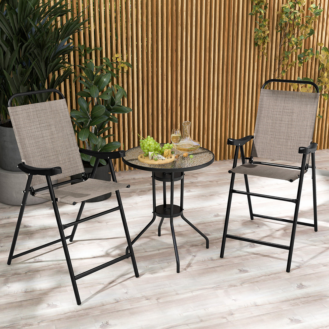 4 PCS Patio Bar Chair Folding Bar Height Metal Frame w/ Footrest Garden Brown Image 9