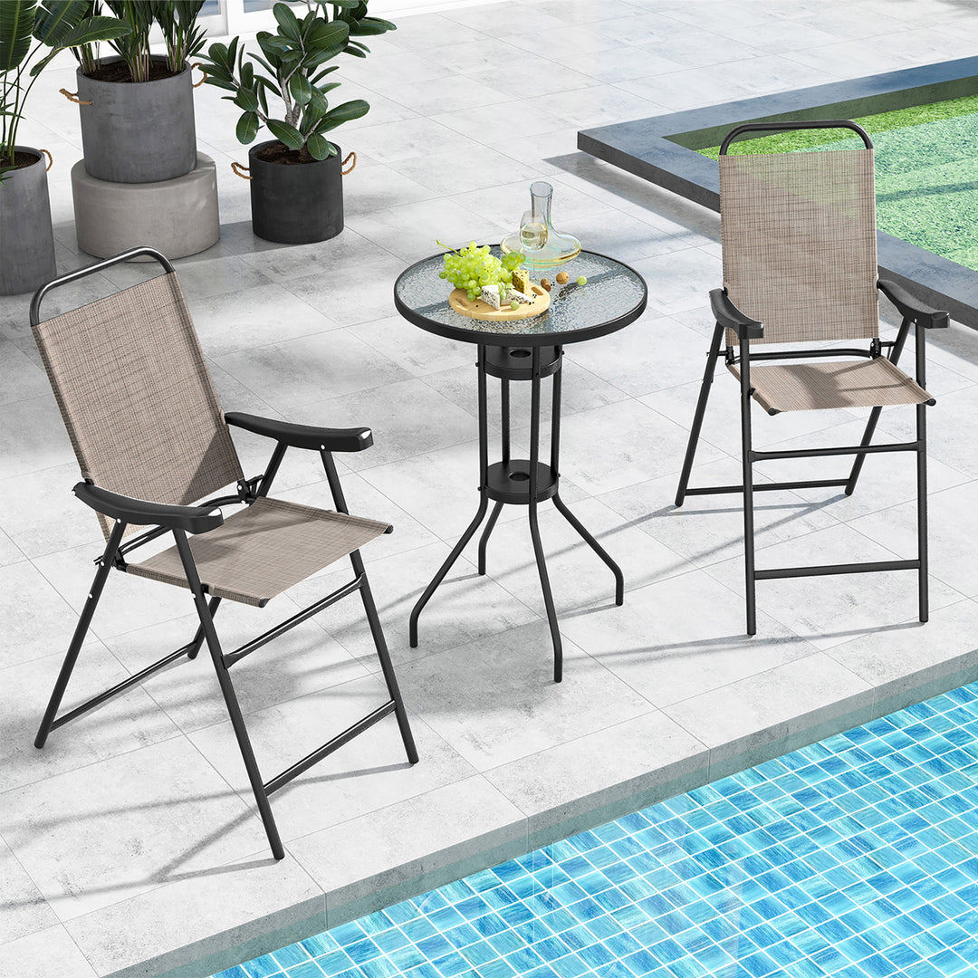 4 PCS Patio Bar Chair Folding Bar Height Metal Frame w/ Footrest Garden Brown Image 10