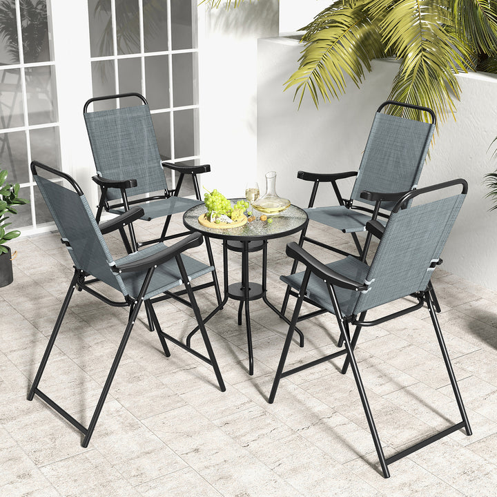 4 PCS Patio Bar Chair Folding Bar Height Metal Frame w/ Footrest Garden Blue Image 8