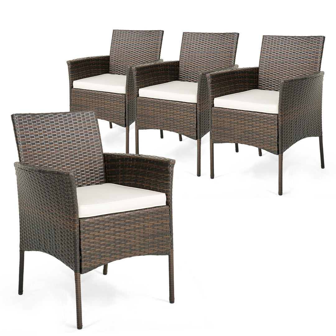 Patio Dining Chairs Set of 4 Outdoor PE Wicker Chairs w/ Removable Cushions Brown and Off White Image 2