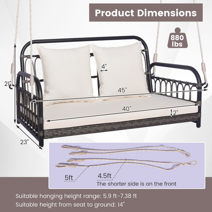 Outdoor Wicker Porch Swing 2-Person Hanging Seat w/ Seat and Back Cushions Backyard Image 3
