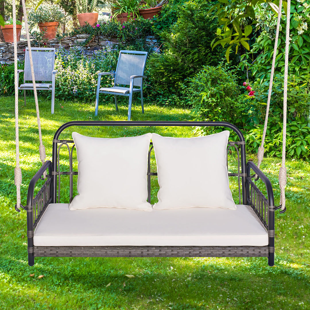 Outdoor Wicker Porch Swing 2-Person Hanging Seat w/ Seat and Back Cushions Backyard Image 5