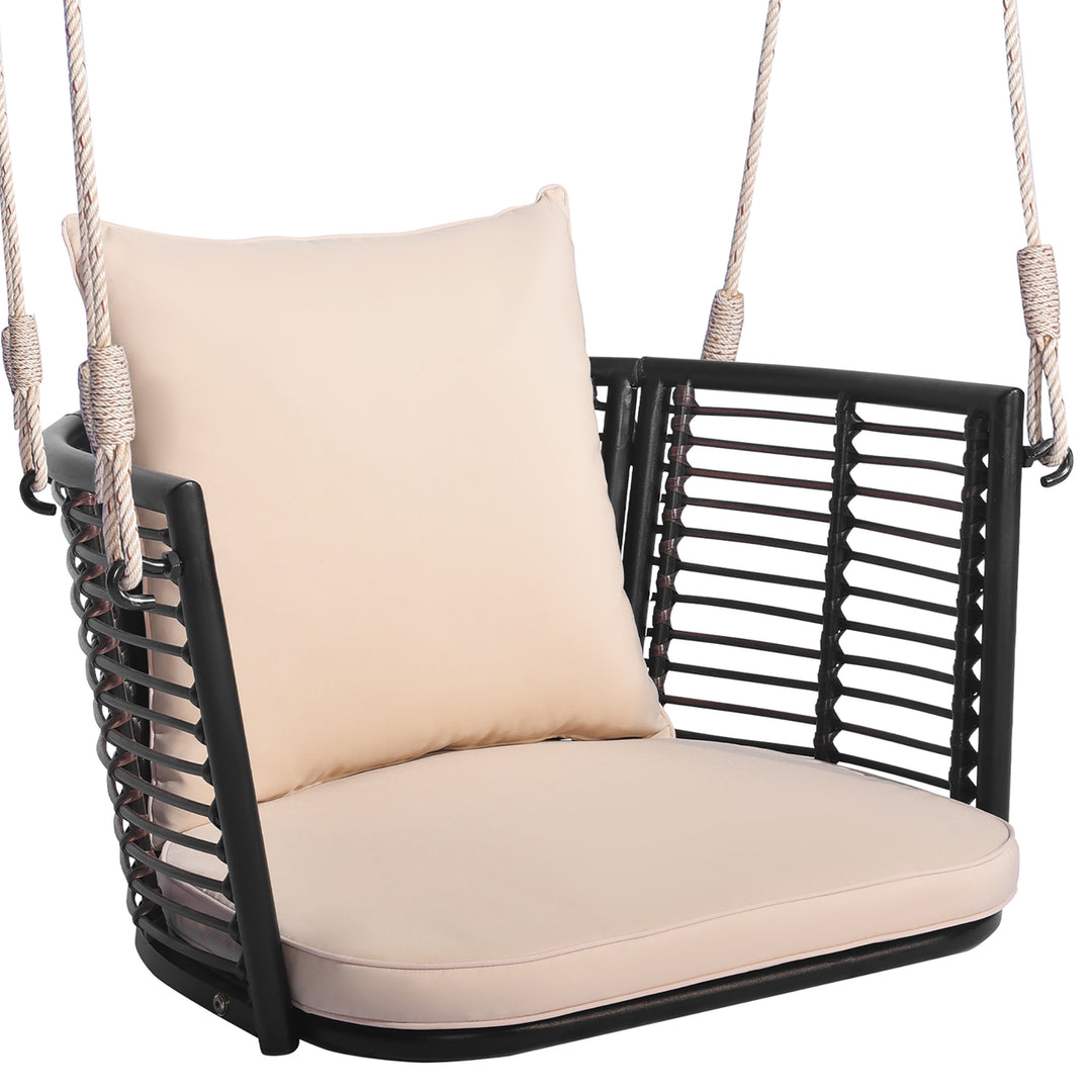 Outdoor Metal Porch Swing Single Person Hanging Seat w/ Woven Rattan Backrest Porch Backyard Image 1