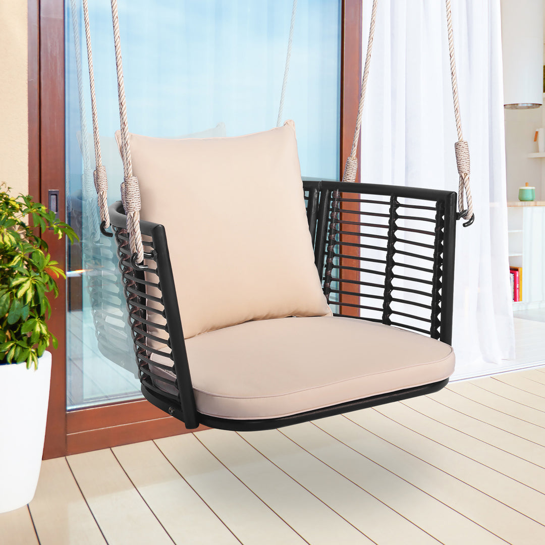 Outdoor Metal Porch Swing Single Person Hanging Seat w/ Woven Rattan Backrest Porch Backyard Image 2