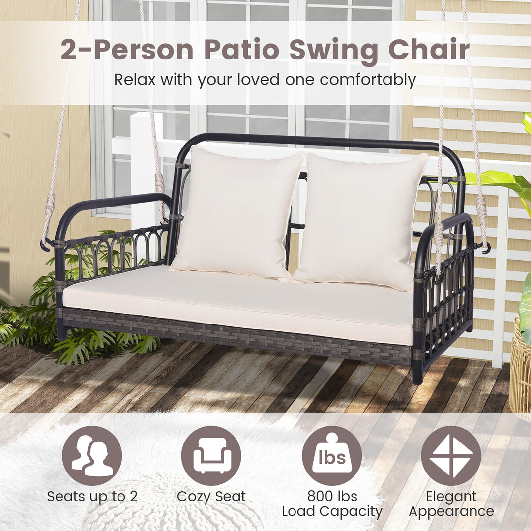 Outdoor Wicker Porch Swing 2-Person Hanging Seat w/ Seat and Back Cushions Backyard Image 6