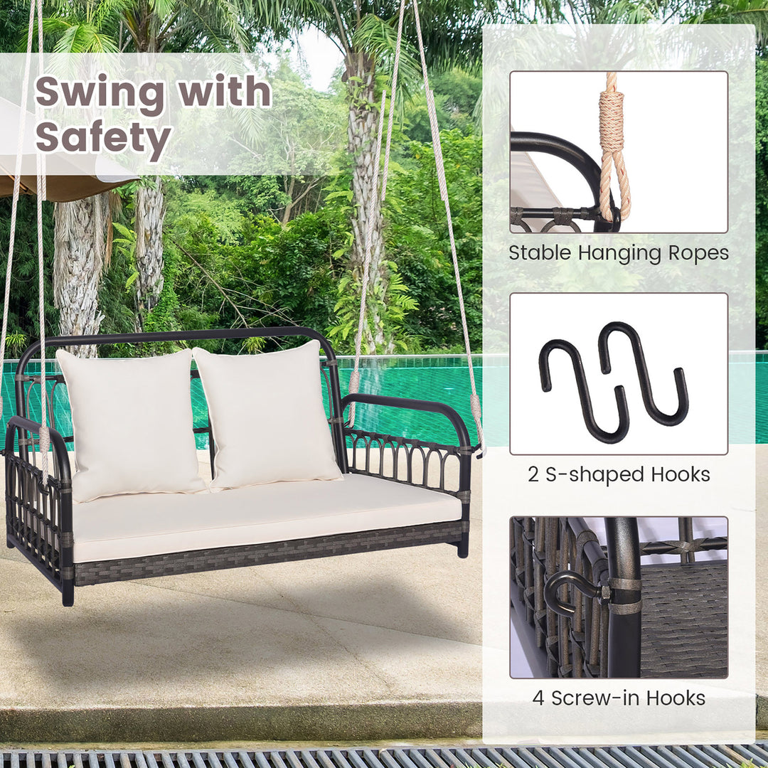 Outdoor Wicker Porch Swing 2-Person Hanging Seat w/ Seat and Back Cushions Backyard Image 8