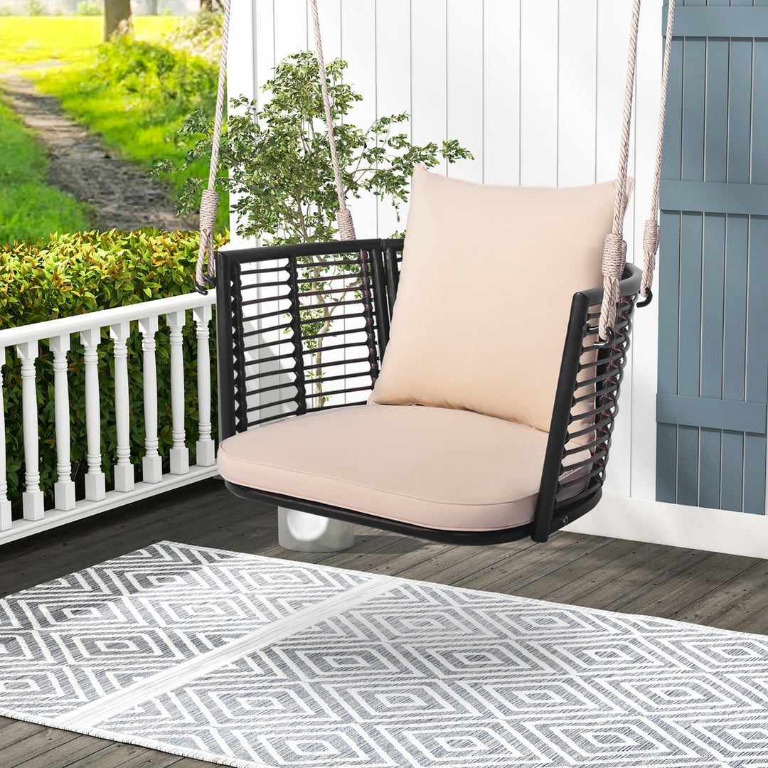 Outdoor Metal Porch Swing Single Person Hanging Seat w/ Woven Rattan Backrest Porch Backyard Image 4