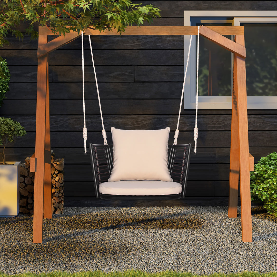 Outdoor Metal Porch Swing Single Person Hanging Seat w/ Woven Rattan Backrest Porch Backyard Image 5