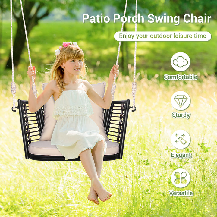 Outdoor Metal Porch Swing Single Person Hanging Seat w/ Woven Rattan Backrest Porch Backyard Image 6