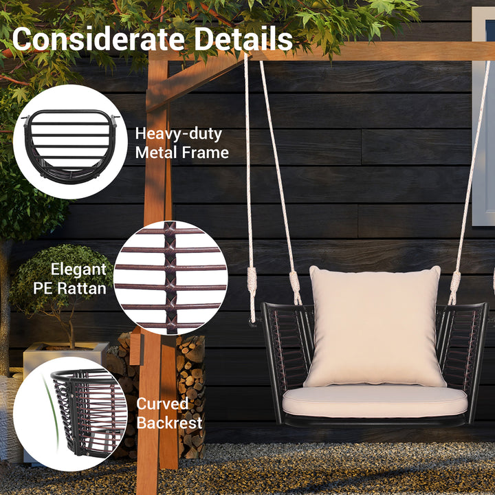 Outdoor Metal Porch Swing Single Person Hanging Seat w/ Woven Rattan Backrest Porch Backyard Image 9