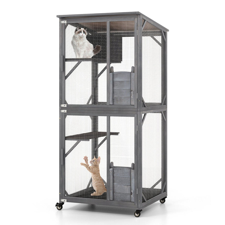 Wooden Cat House 72 Indoor Outdoor Kitten Enclosure Kennel Condo on Wheels Grey Image 1