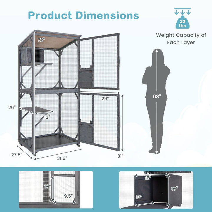 Wooden Cat House 72 Indoor Outdoor Kitten Enclosure Kennel Condo on Wheels Grey Image 3