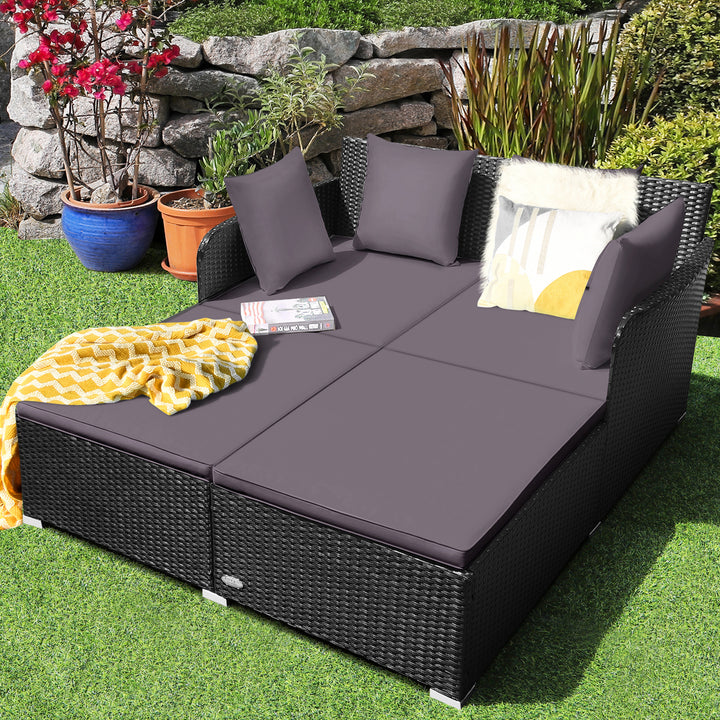 Rattan Patio Daybed Loveseat Sofa Yard Outdoor w/ Grey Cushions Pillows Image 3