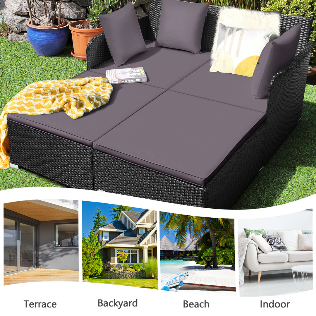 Rattan Patio Daybed Loveseat Sofa Yard Outdoor w/ Grey Cushions Pillows Image 4