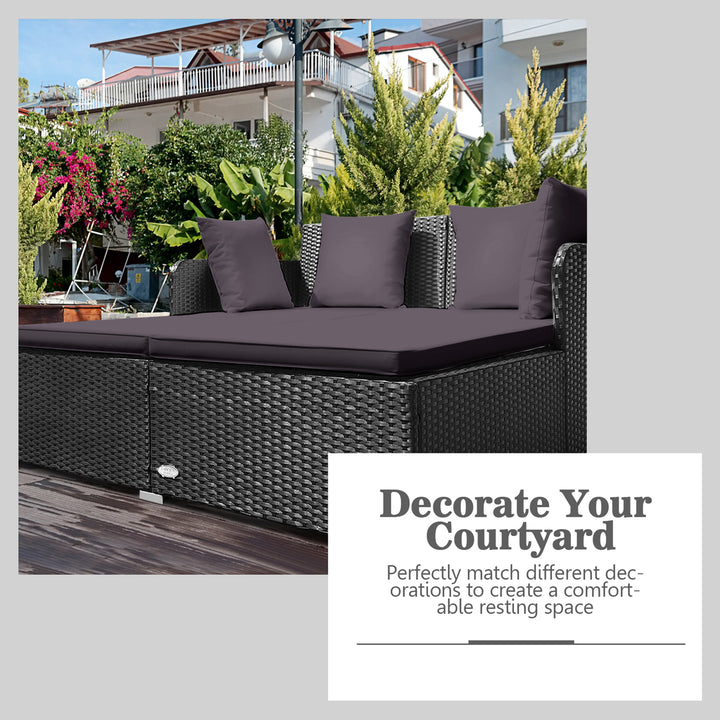 Rattan Patio Daybed Loveseat Sofa Yard Outdoor w/ Grey Cushions Pillows Image 6