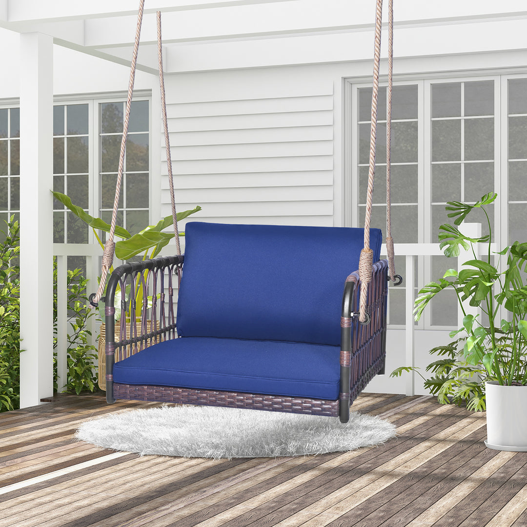 Patio Rattan Porch Swing Single Person Hanging Seat w/ Seat and Back Cushions Backyard Image 1