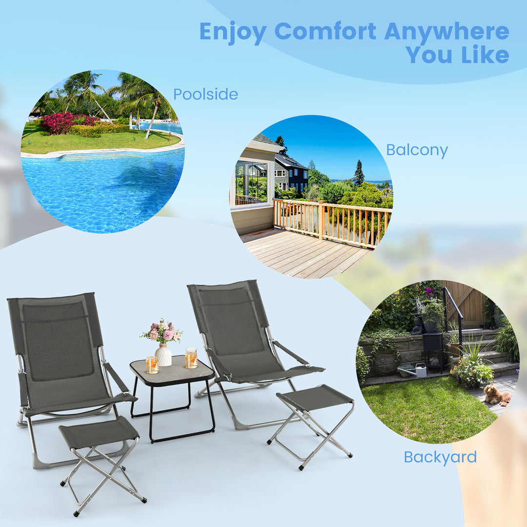 5-Piece Patio Sling Chair Set Folding Lounge Chairs w/ Coffee Table Yard Poolside Image 7