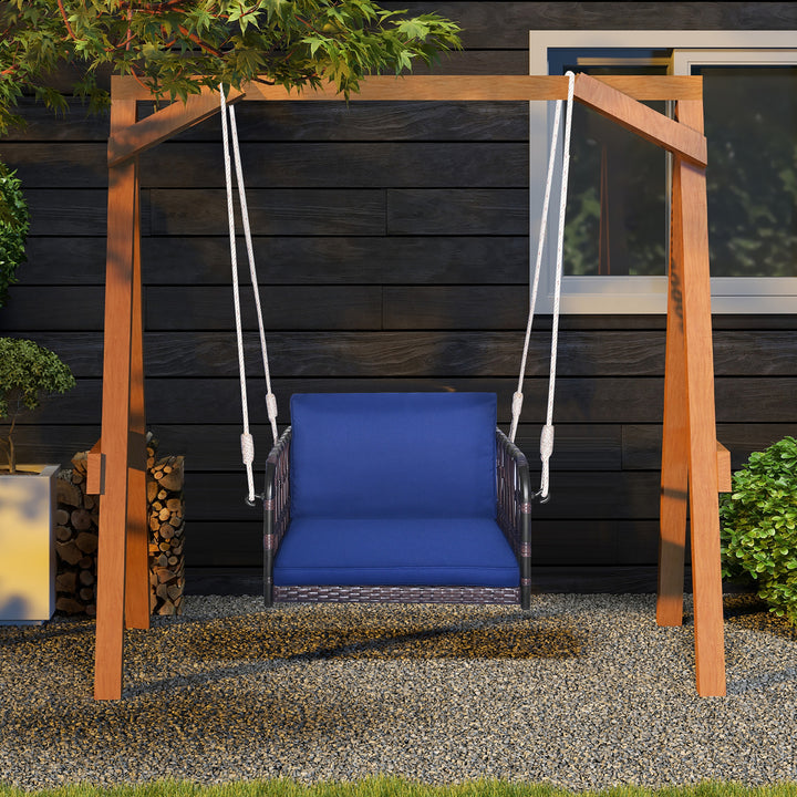 Patio Rattan Porch Swing Single Person Hanging Seat w/ Seat and Back Cushions Backyard Image 2