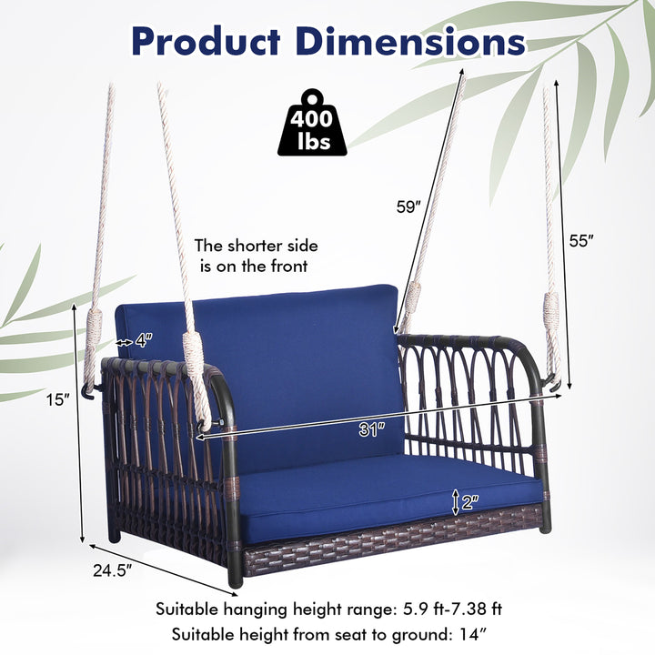 Patio Rattan Porch Swing Single Person Hanging Seat w/ Seat and Back Cushions Backyard Image 3