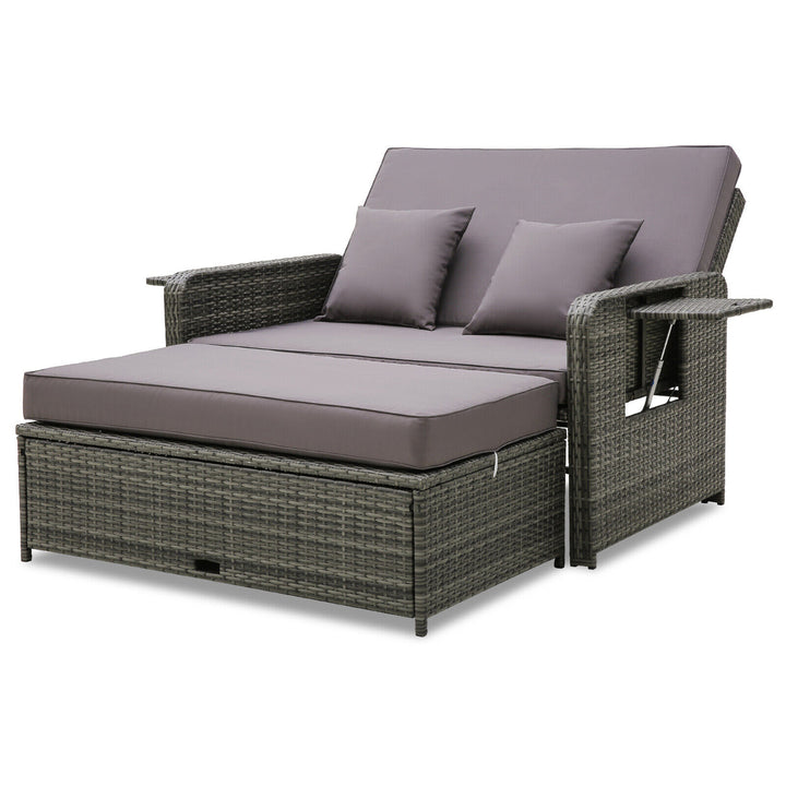 Patio Daybed Set Rattan Loveseat Sofa Set w/ Adjustable Backrest Gray Cushions Image 1