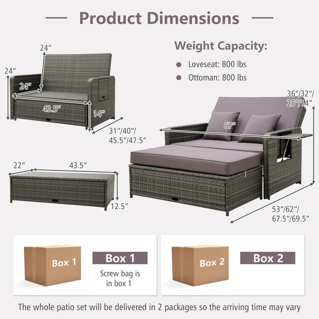 Patio Daybed Set Rattan Loveseat Sofa Set w/ Adjustable Backrest Gray Cushions Image 2