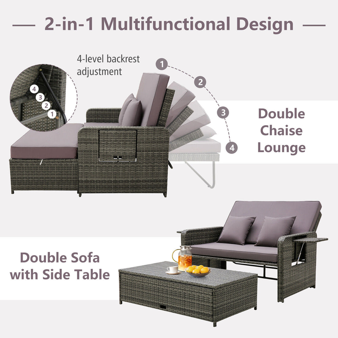 Patio Daybed Set Rattan Loveseat Sofa Set w/ Adjustable Backrest Gray Cushions Image 3