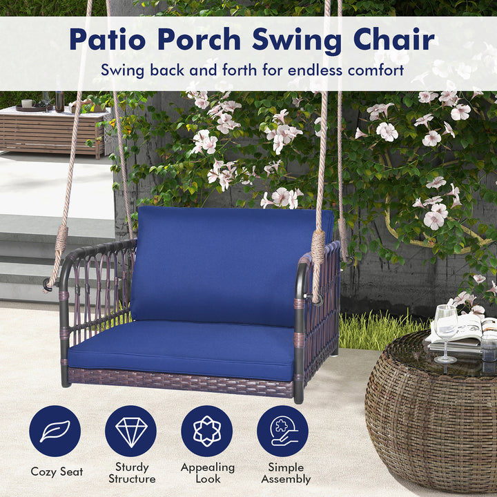 Patio Rattan Porch Swing Single Person Hanging Seat w/ Seat and Back Cushions Backyard Image 5