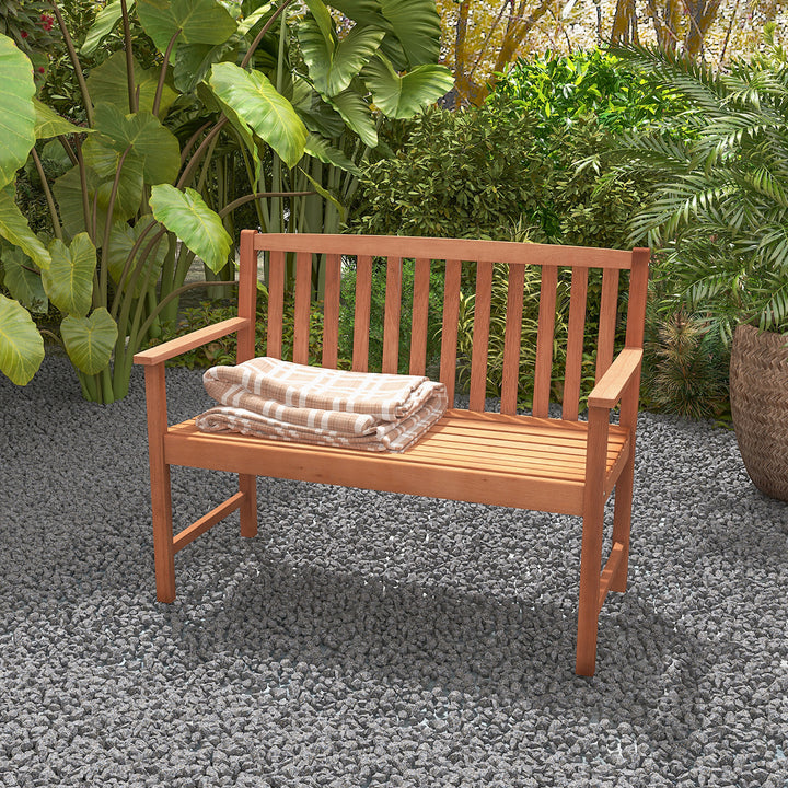 Patio Wood Bench 2-Seat Outdoor Bench w/ Cozy Armrests and Backrest Image 5