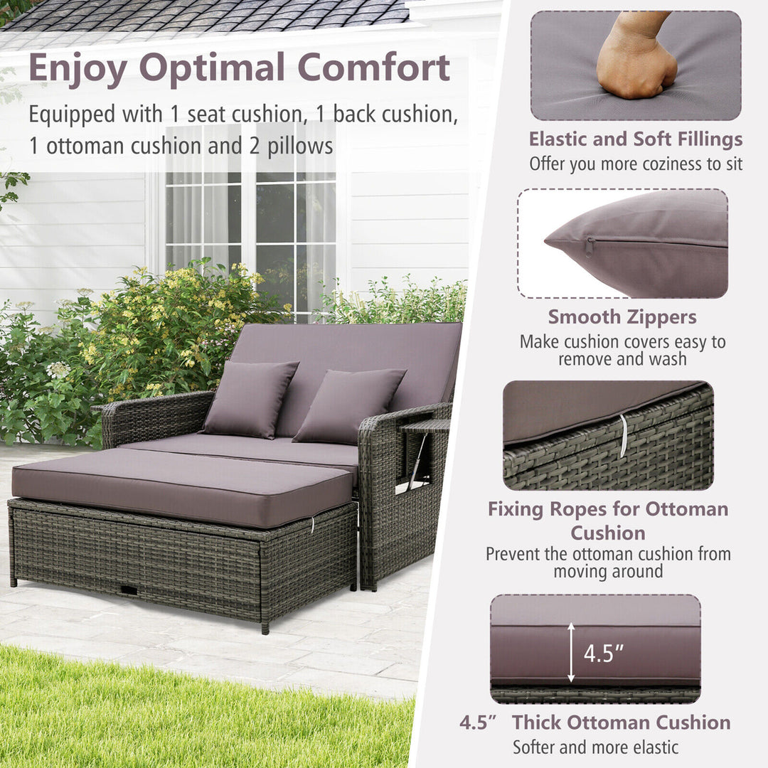 Patio Daybed Set Rattan Loveseat Sofa Set w/ Adjustable Backrest Gray Cushions Image 5