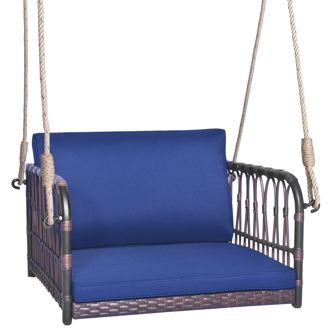 Patio Rattan Porch Swing Single Person Hanging Seat w/ Seat and Back Cushions Backyard Image 9