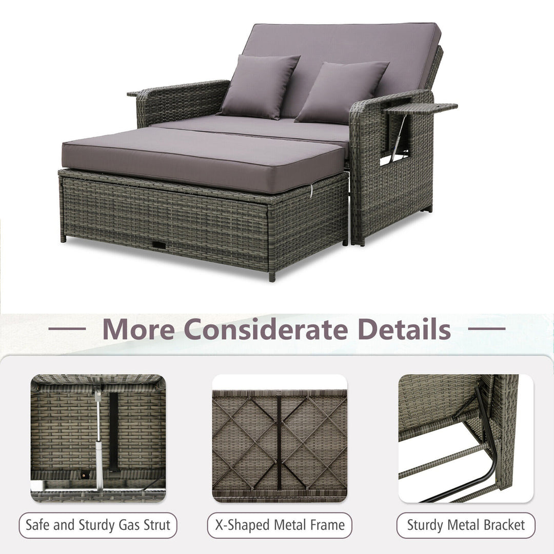 Patio Daybed Set Rattan Loveseat Sofa Set w/ Adjustable Backrest Gray Cushions Image 7