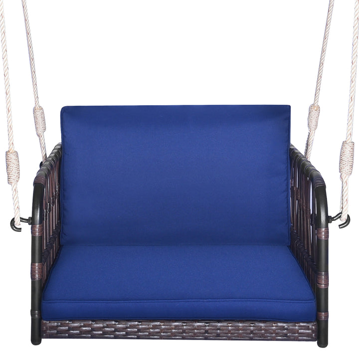 Patio Rattan Porch Swing Single Person Hanging Seat w/ Seat and Back Cushions Backyard Image 10