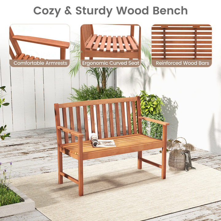 Patio Wood Bench 2-Seat Outdoor Bench w/ Cozy Armrests and Backrest Image 9