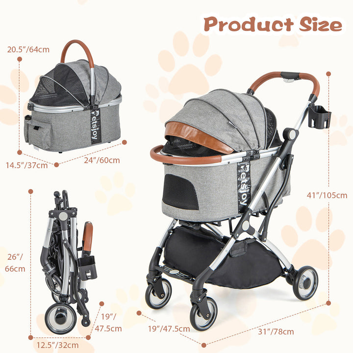 3-in-1 Pet Stroller Foldable Dog Cat Travel Carrier with Cover and Storage Basket Image 3