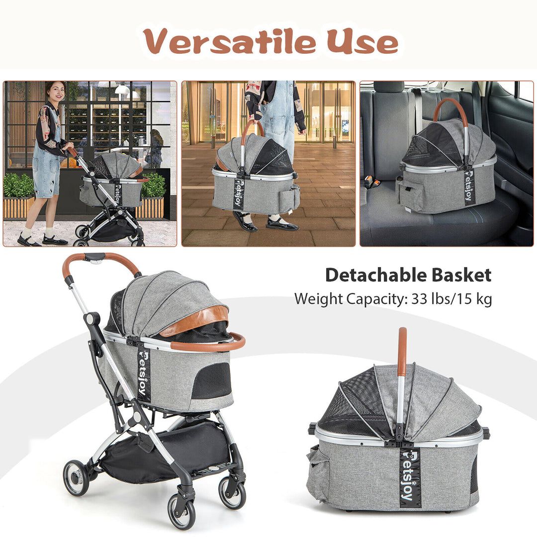 3-in-1 Pet Stroller Foldable Dog Cat Travel Carrier with Cover and Storage Basket Image 7