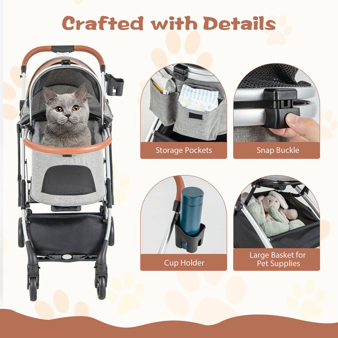 3-in-1 Pet Stroller Foldable Dog Cat Travel Carrier with Cover and Storage Basket Image 10