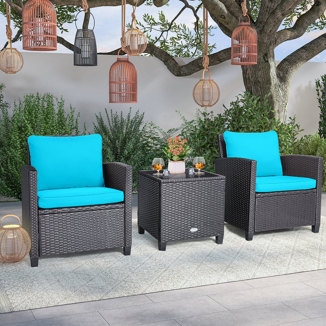 3PCS Outdoor Patio Rattan Conversation Set w/ Beige and Turquoise Cushion Image 2