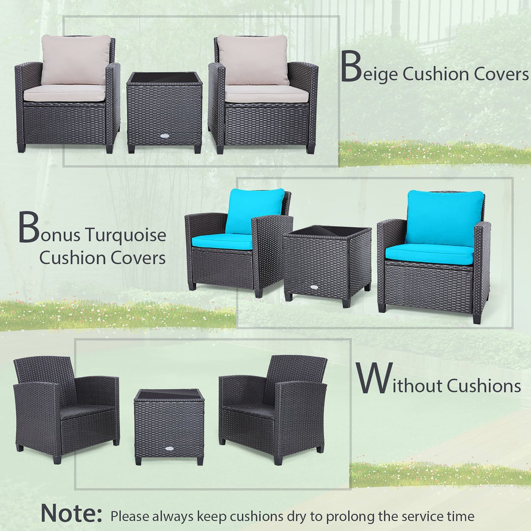 3PCS Outdoor Patio Rattan Conversation Set w/ Beige and Turquoise Cushion Image 6