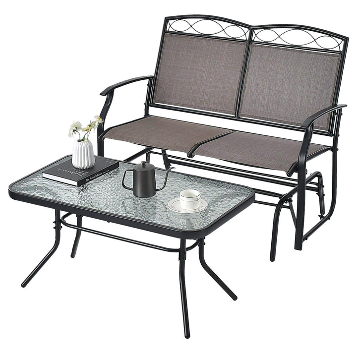 2 PCS Patio Glider Conversation Set Outdoor Loveseat Glider Chair w/ Tempered Glass Coffee Table Image 1