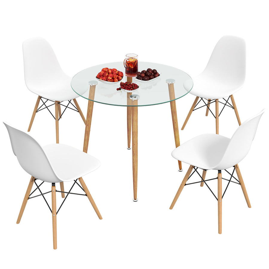 5 PCS Dining Table Set Tempered Glass Table 4 Chairs w/ Beech Wood Leg Kitchen Image 1