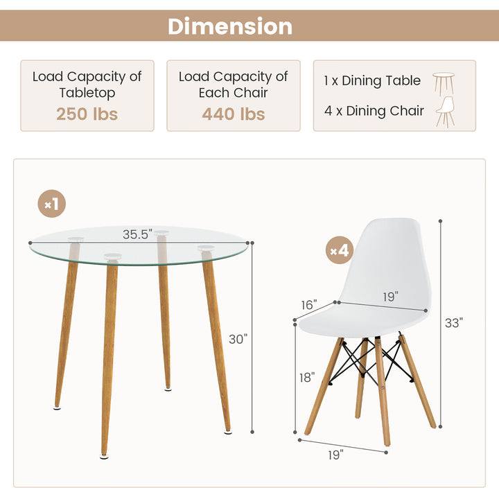 5 PCS Dining Table Set Tempered Glass Table 4 Chairs w/ Beech Wood Leg Kitchen Image 3