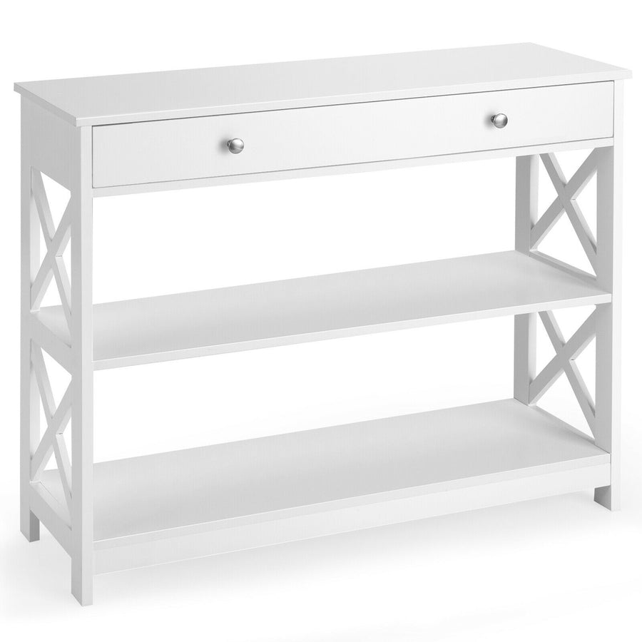 3-Tier Console Table X-Design Sofa Entryway Table with Drawer and Shelves White Image 1