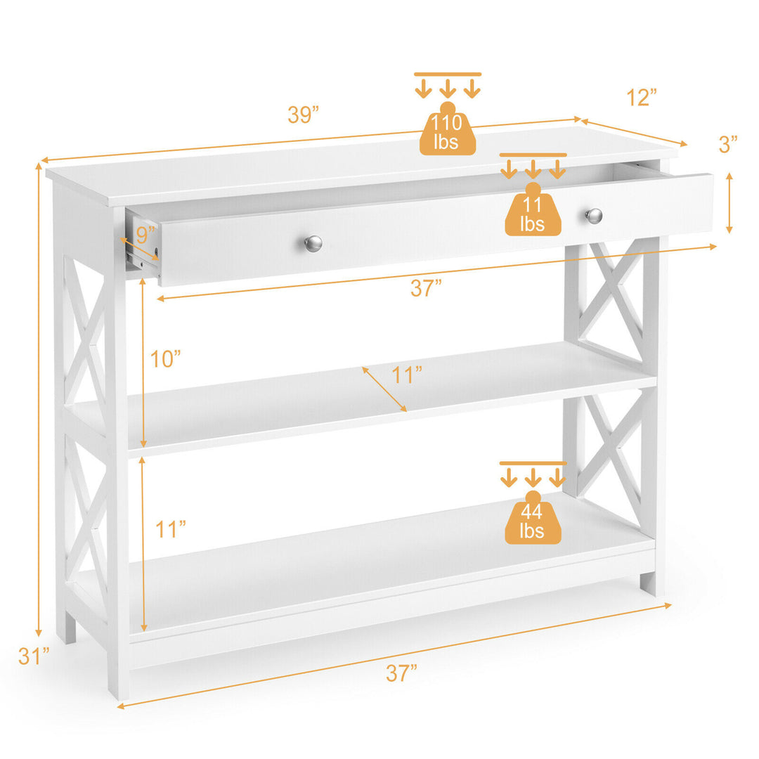 3-Tier Console Table X-Design Sofa Entryway Table with Drawer and Shelves White Image 2