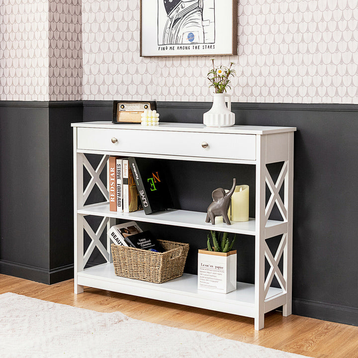 3-Tier Console Table X-Design Sofa Entryway Table with Drawer and Shelves White Image 3