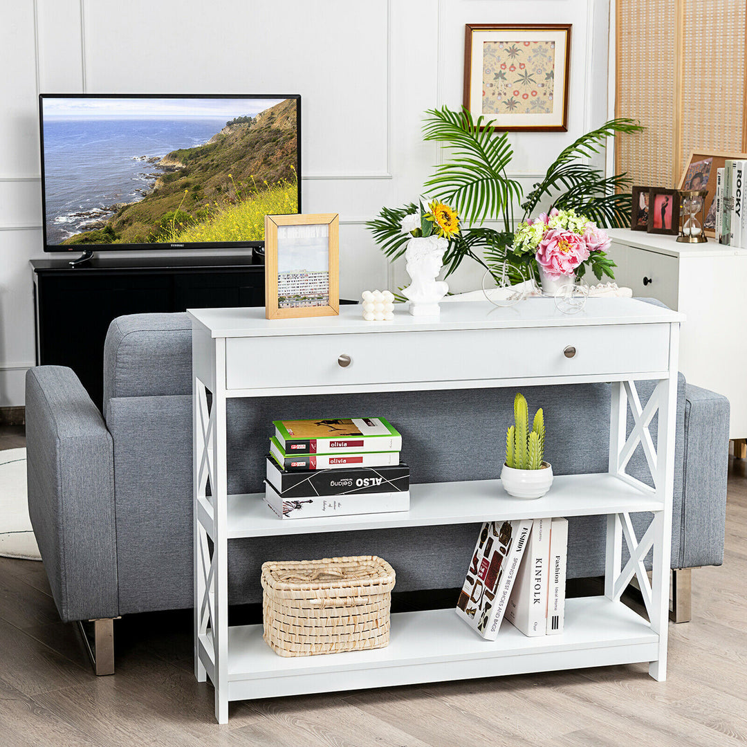 3-Tier Console Table X-Design Sofa Entryway Table with Drawer and Shelves White Image 4