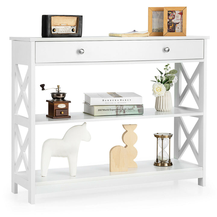 3-Tier Console Table X-Design Sofa Entryway Table with Drawer and Shelves White Image 9