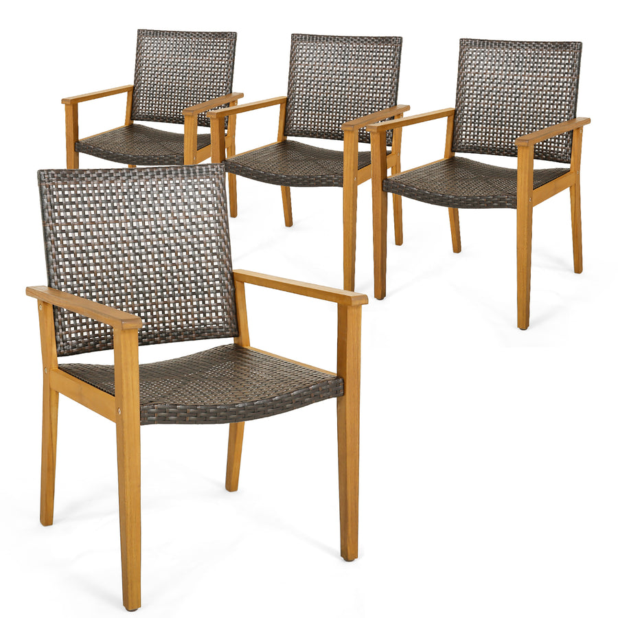 Outdoor Rattan Chair Set of 4 Patio PE Wicker Dining Chairs w/ Sturdy Acacia Wood Frame Image 1