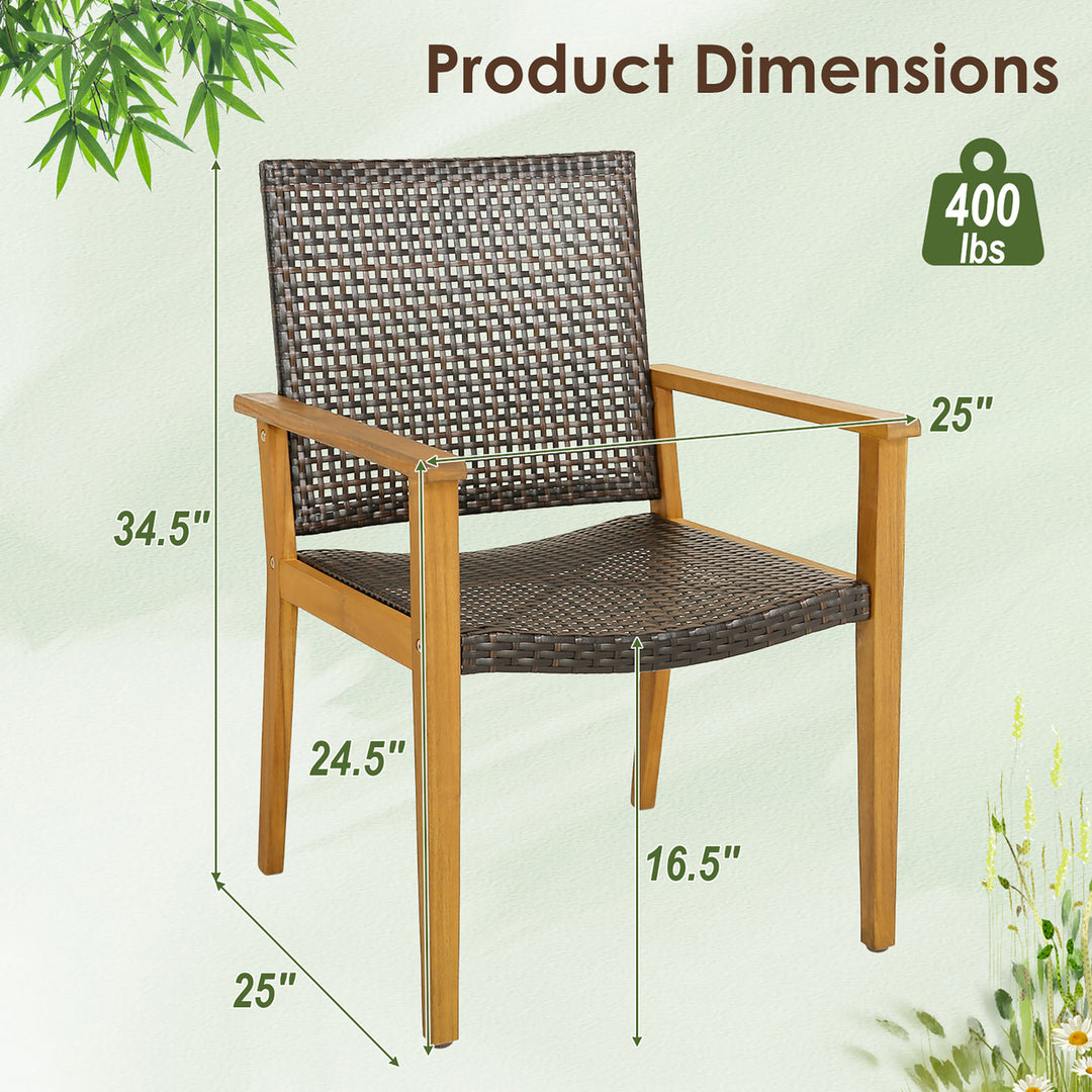 Outdoor Rattan Chair Set of 4 Patio PE Wicker Dining Chairs w/ Sturdy Acacia Wood Frame Image 3