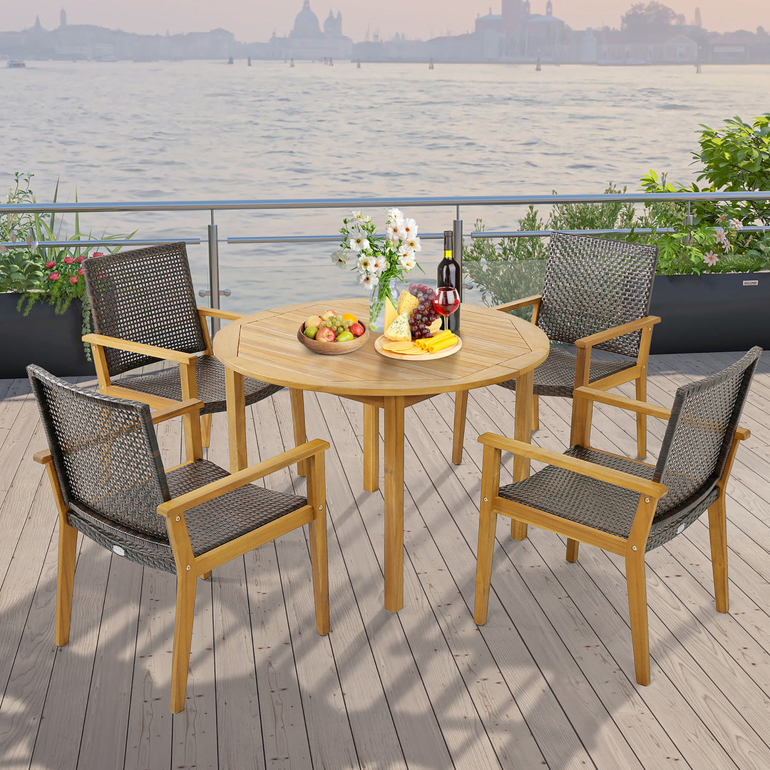 Outdoor Rattan Chair Set of 4 Patio PE Wicker Dining Chairs w/ Sturdy Acacia Wood Frame Image 4